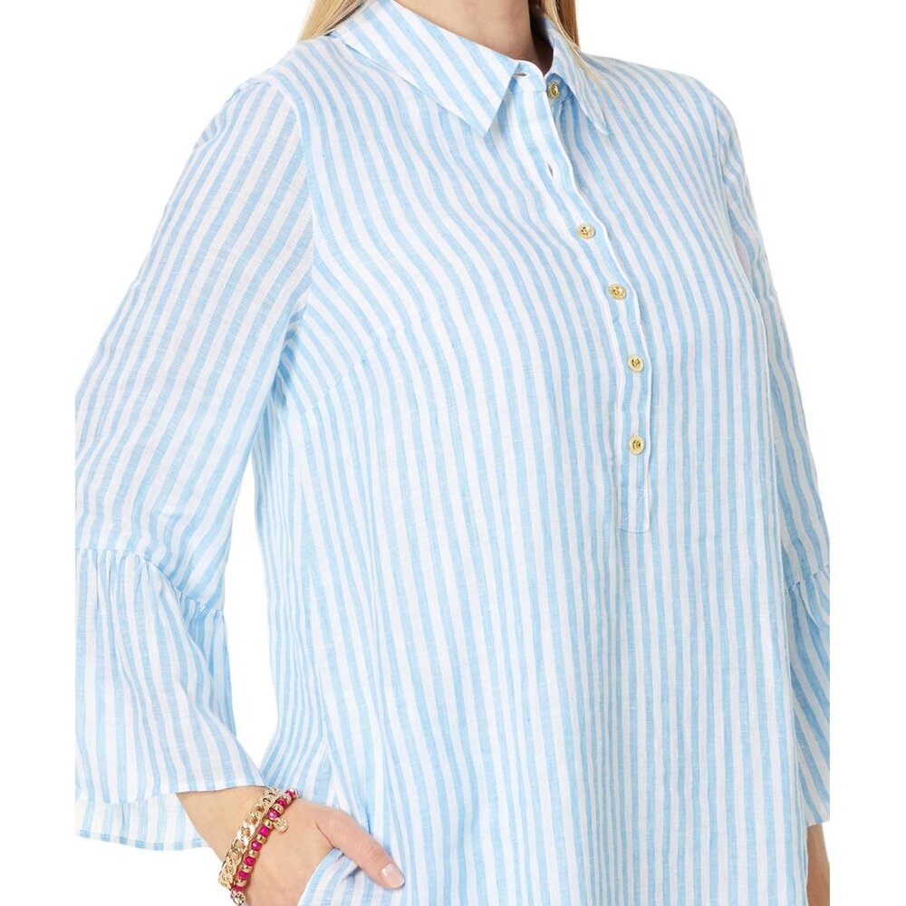 Lilly Pulitzer Jazmyn 100% Linen Tunic Shirt Dress Blue Stripe Flounce NWT 6 - Picture 4 of 4